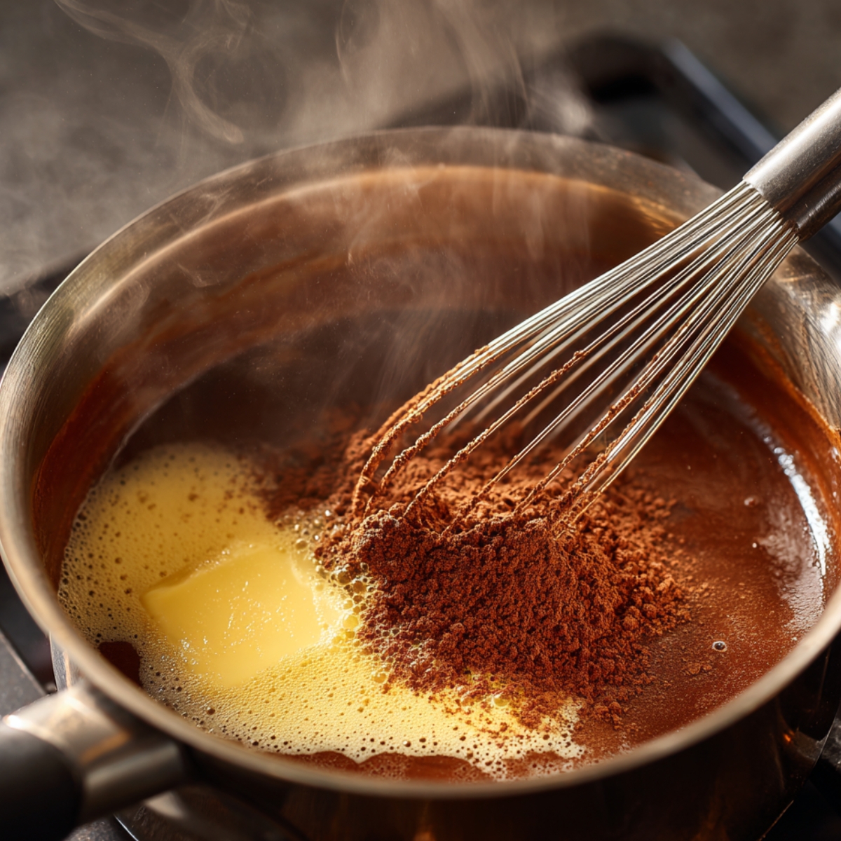 Melting butter with cocoa powder in a saucepan on the stove to make chocolate frosting.
