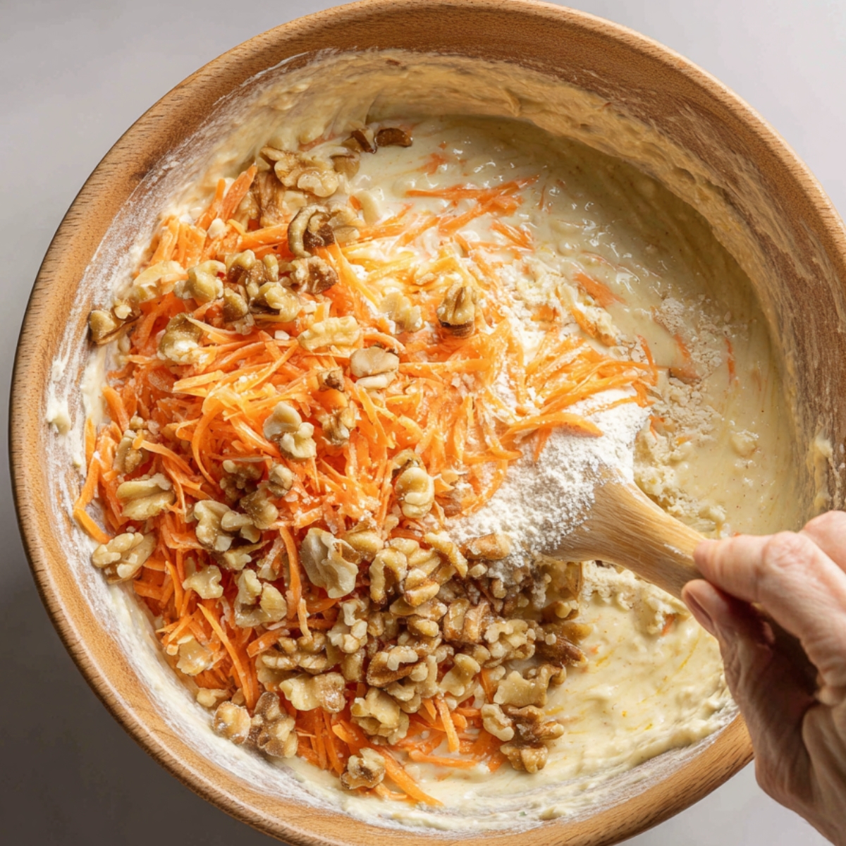 Mixing carrots and walnuts into batter: Wooden bowl filled with batter, grated carrots, and chopped walnuts being folded together.