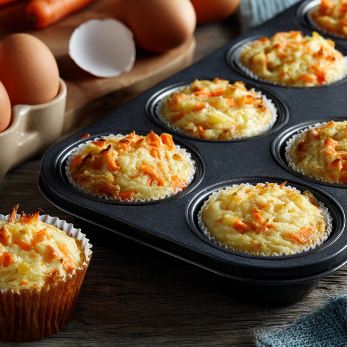 Carrot cupcake preparation: Fresh ingredients (carrots, eggs, batter) with partially baked carrot cupcakes in muffin liners.