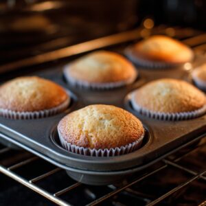 Baking in the oven: A muffin tin with golden-brown cupcakes rising beautifully in the oven.