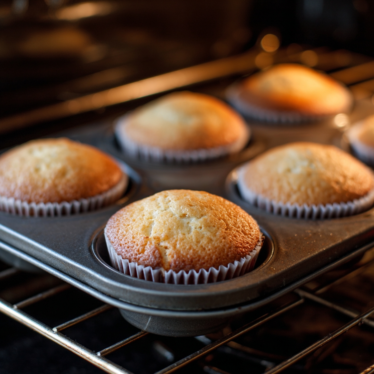 Baking in the oven: A muffin tin with golden-brown cupcakes rising beautifully in the oven.
