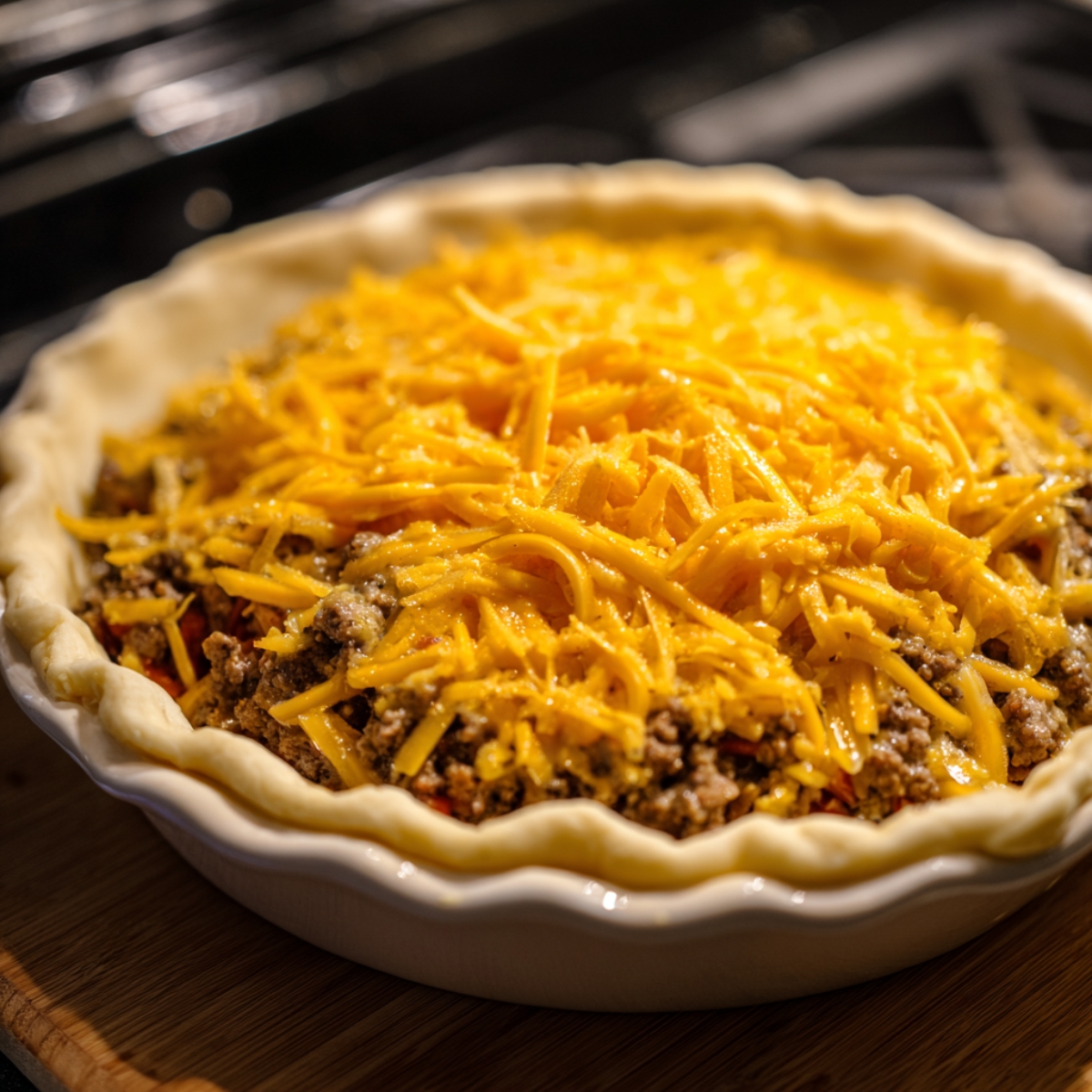 Layering the pie: Pie dish filled with ground beef mixture and topped generously with shredded cheddar cheese before baking.