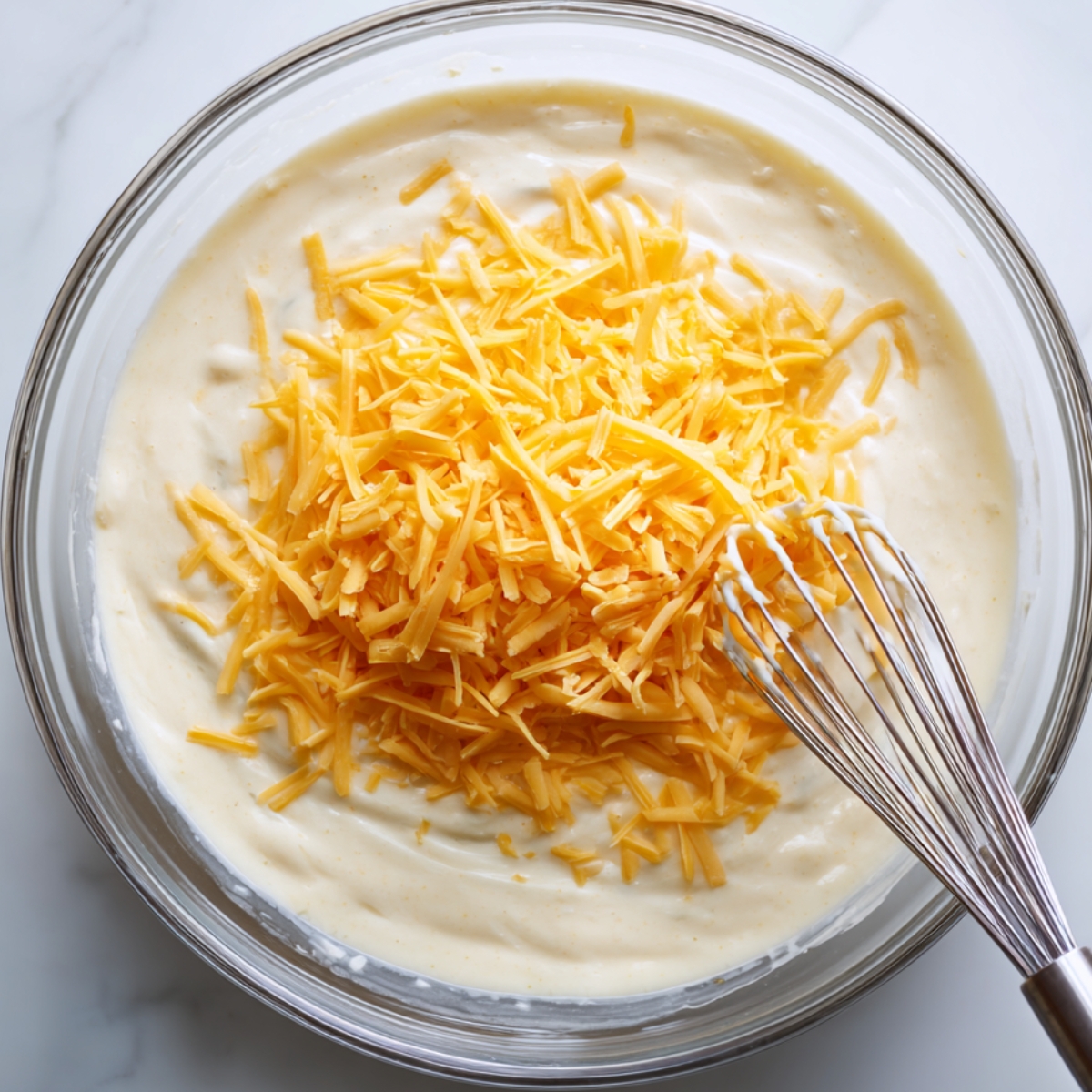 Mixing topping with cheese: Bowl of smooth egg-milk batter with shredded cheddar cheese being whisked in.