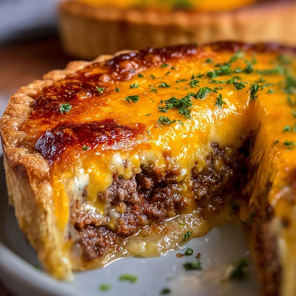 Cheeseburger pie slice close-up: Golden-brown baked pie with layers of ground beef, melted cheese, and flaky crust, topped with fresh parsley.