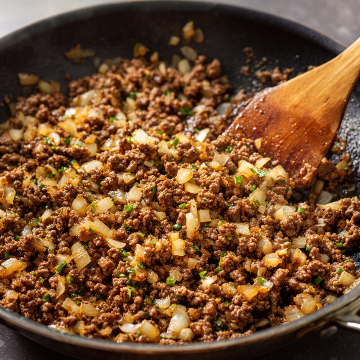 Browning the beef: Skillet with ground beef and diced onions cooking together, stirred with a wooden spatula.