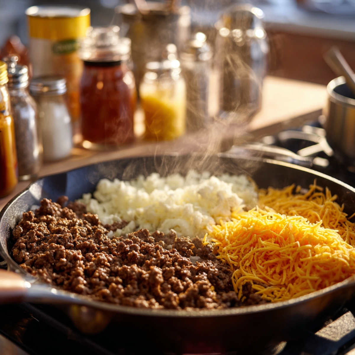 Frying pan on a stovetop containing sizzling ground beef, shredded cheese, and diced onions, with jars of spices and seasonings in the background.