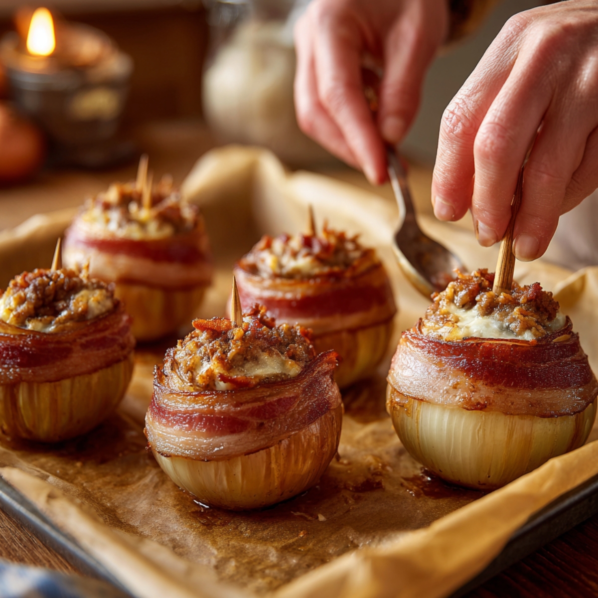 Hands carefully filling and securing hollowed onions stuffed with ground meat mixture and wrapped in bacon on a parchment-lined baking tray.
