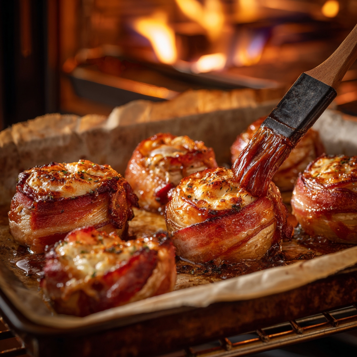 Bacon-wrapped stuffed onions being glazed with a brush on a baking tray inside an oven, golden brown and sizzling under the heat.