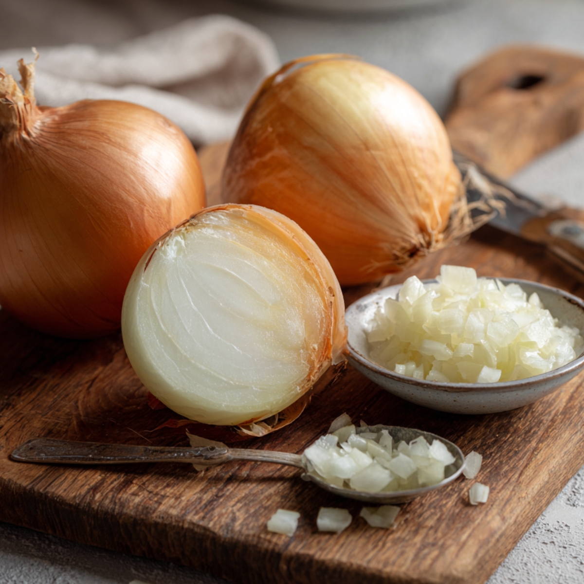 Wooden cutting board with whole, halved, and finely chopped onions, alongside a spoon and knife.