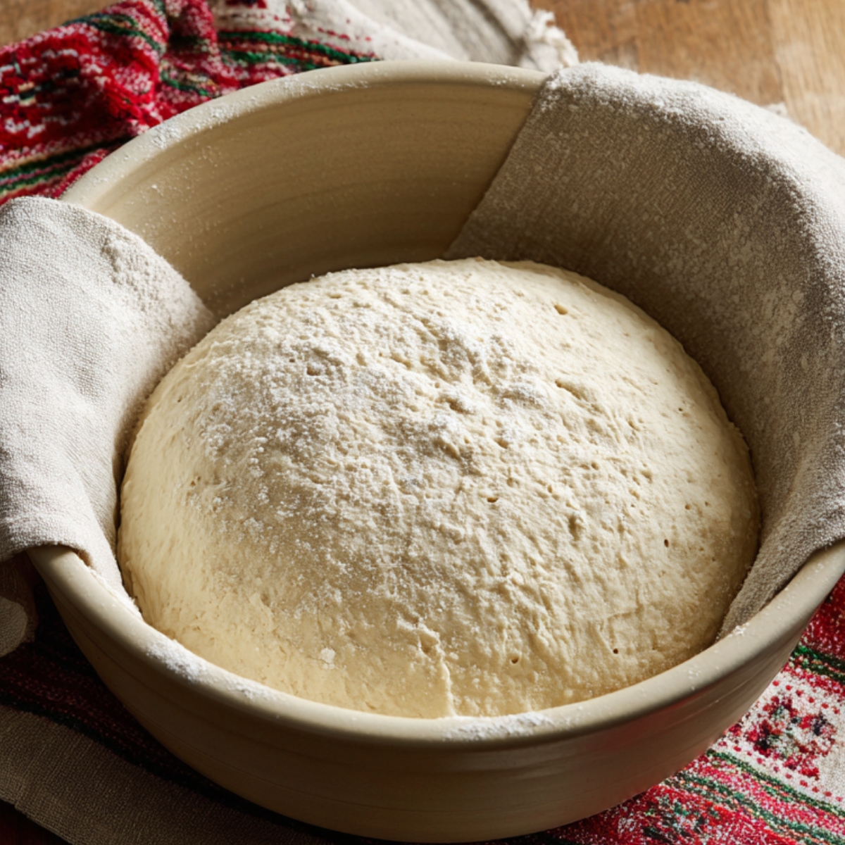 A bowl of dough, covered with a cloth to rise.