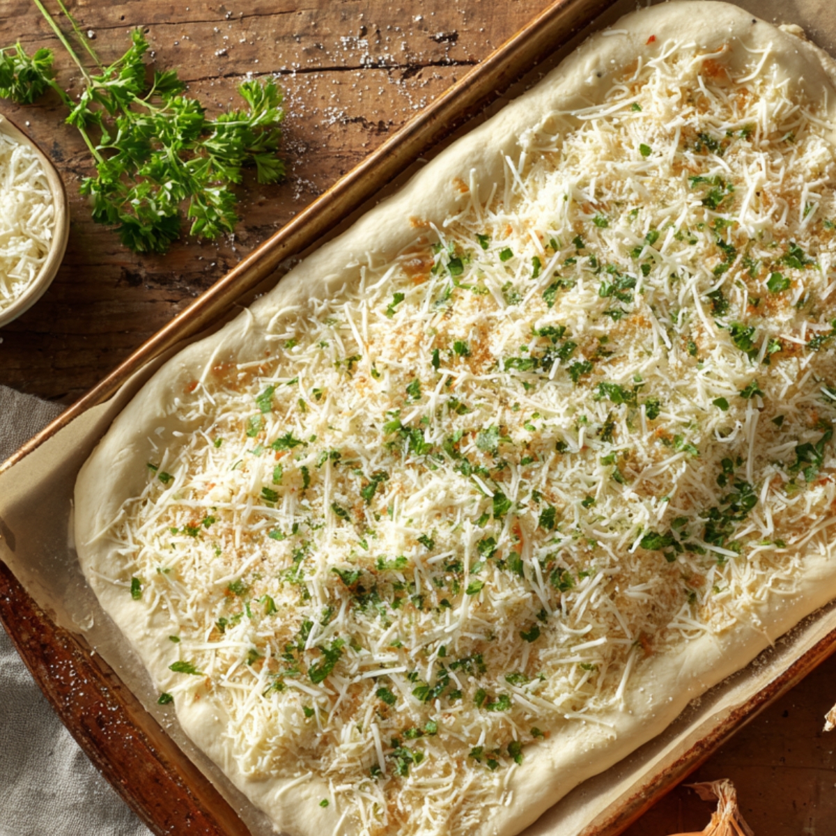 Dough topped with shredded cheese and seasonings, ready to be baked.