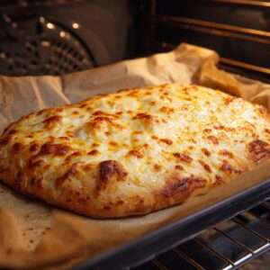 A pan of baked cheesy breadsticks coming out of the oven.