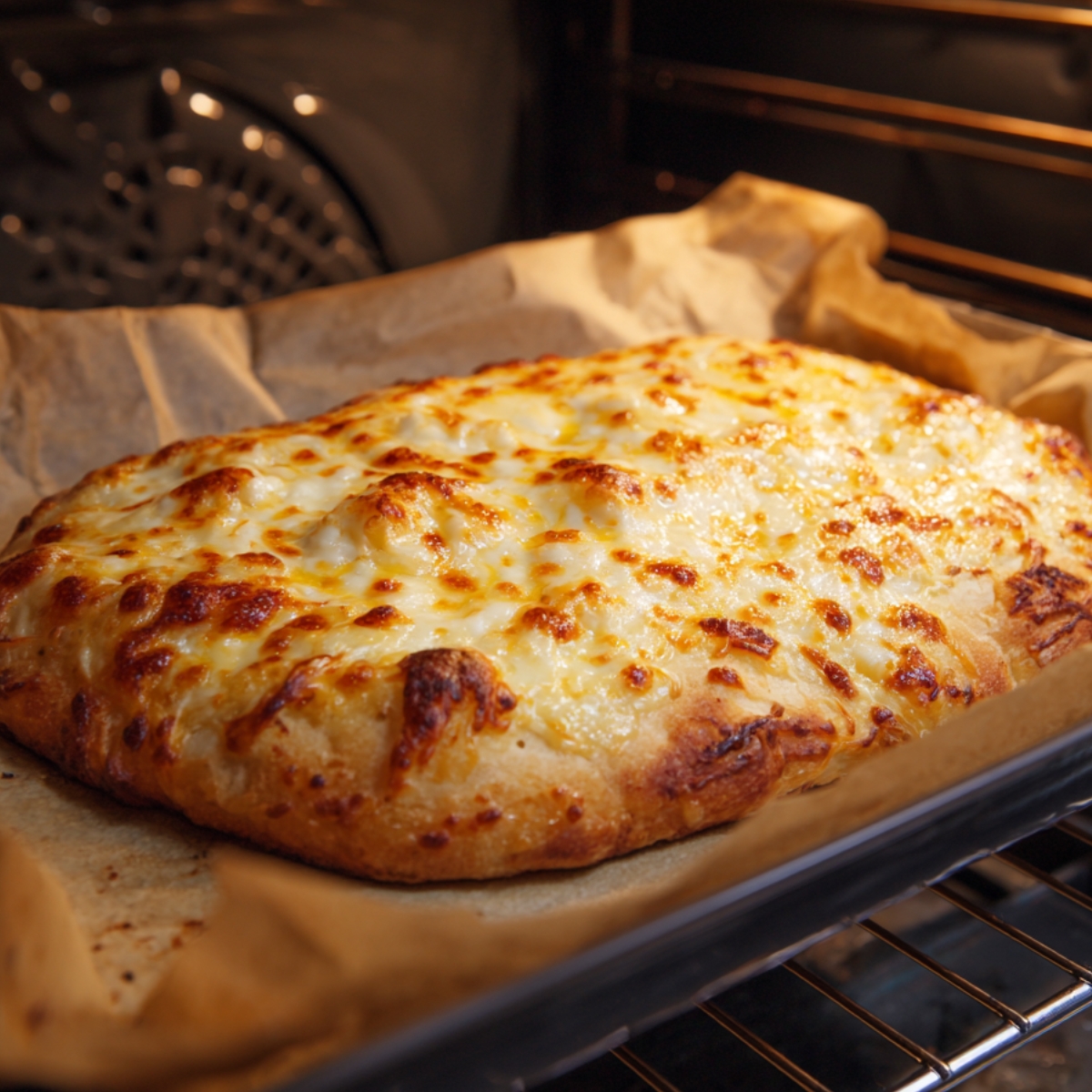 A pan of baked cheesy breadsticks coming out of the oven.