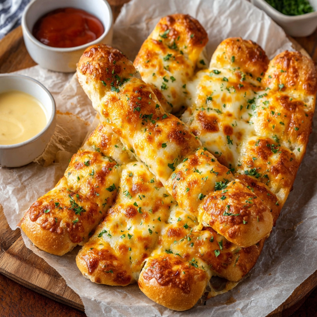 Freshly baked cheesy breadsticks with melted cheese and herbs, served with dipping sauce.