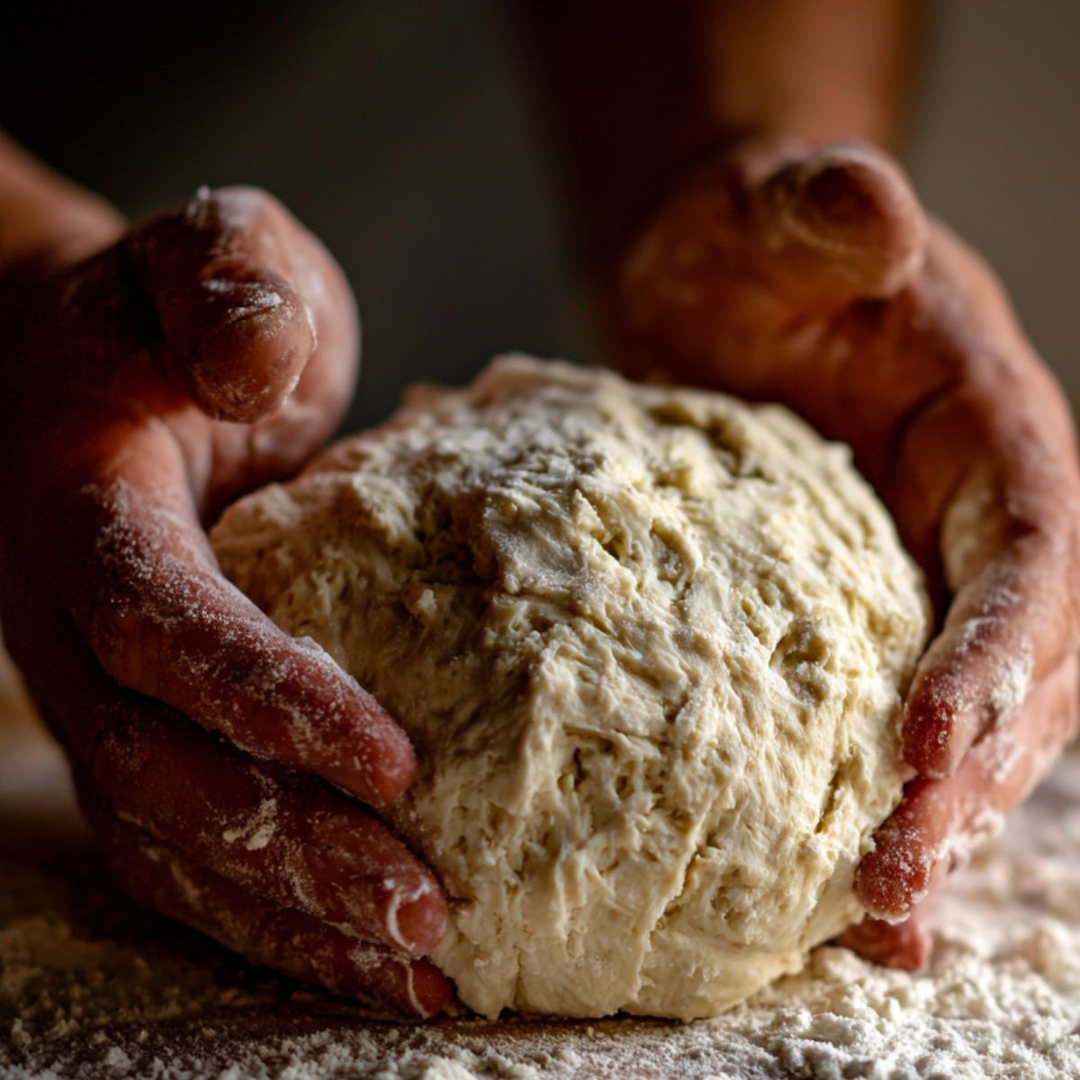 A person’s hands are holding a ball of dough, which is surrounded by a dusting of flour on a wooden countertop