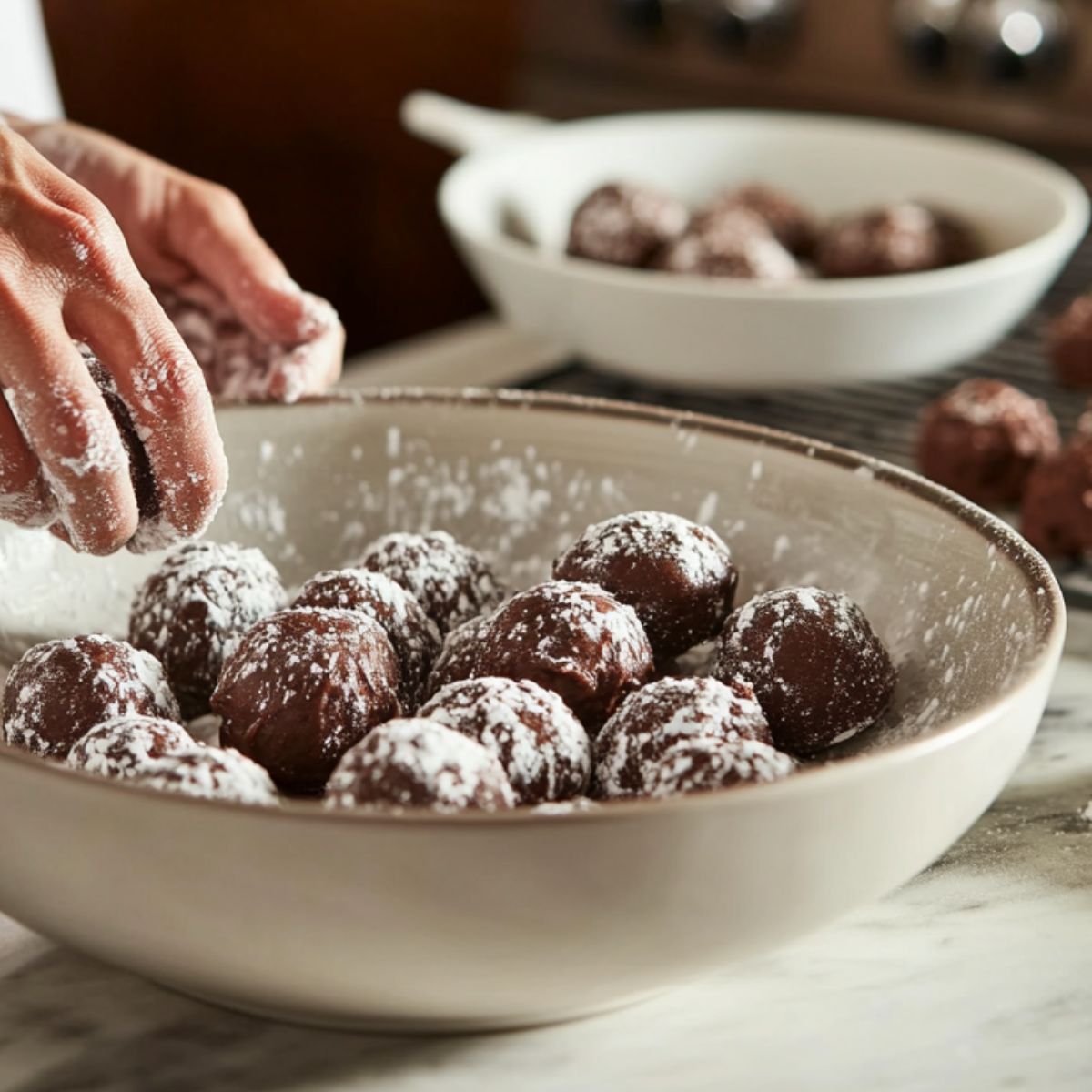 A person is rolling chocolate cookie dough into balls and coating them with powdered sugar, with more dough balls on a tray in the background.