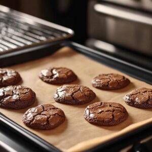 A baking tray with freshly baked chocolate crinkle cookies on parchment paper in an oven