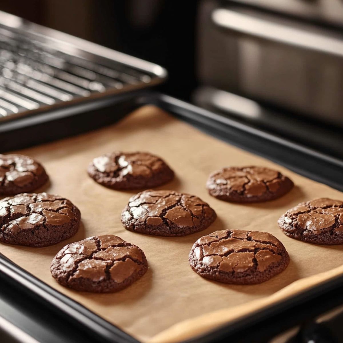 A baking tray with freshly baked chocolate crinkle cookies on parchment paper in an oven