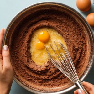 Two eggs and a whisk are placed in a bowl of cocoa powder with scattered eggshells beside the bowl