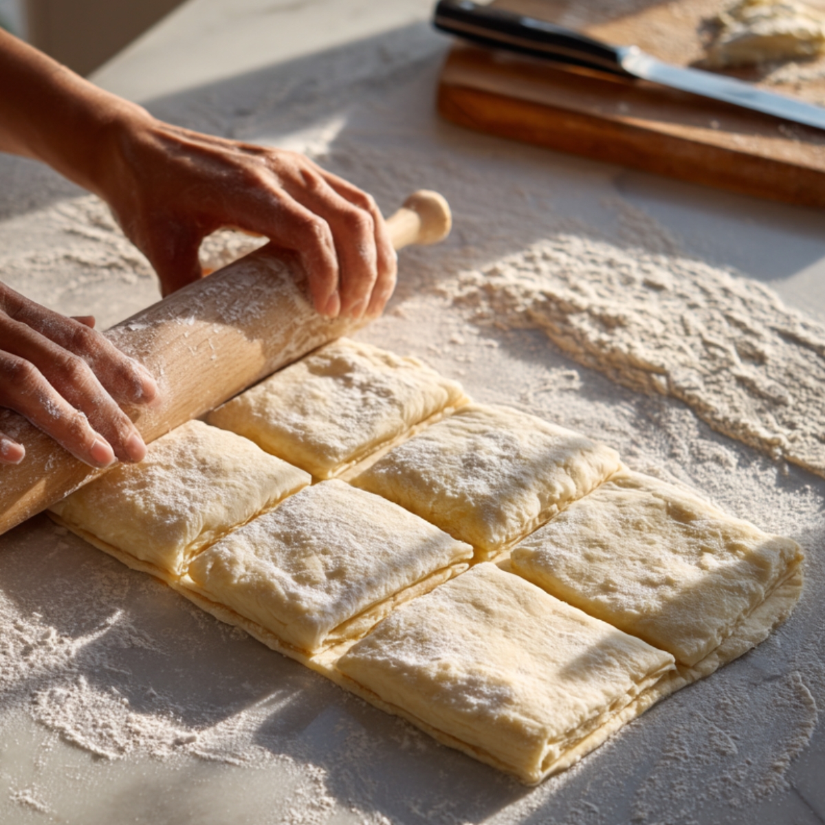 Rolling out folded puff pastry dough with a wooden rolling pin on a floured marble surface in a sunlit kitchen.
