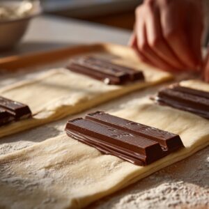 Strips of puff pastry with dark chocolate bars placed on top, ready to be rolled into chocolate croissants on a floured countertop.