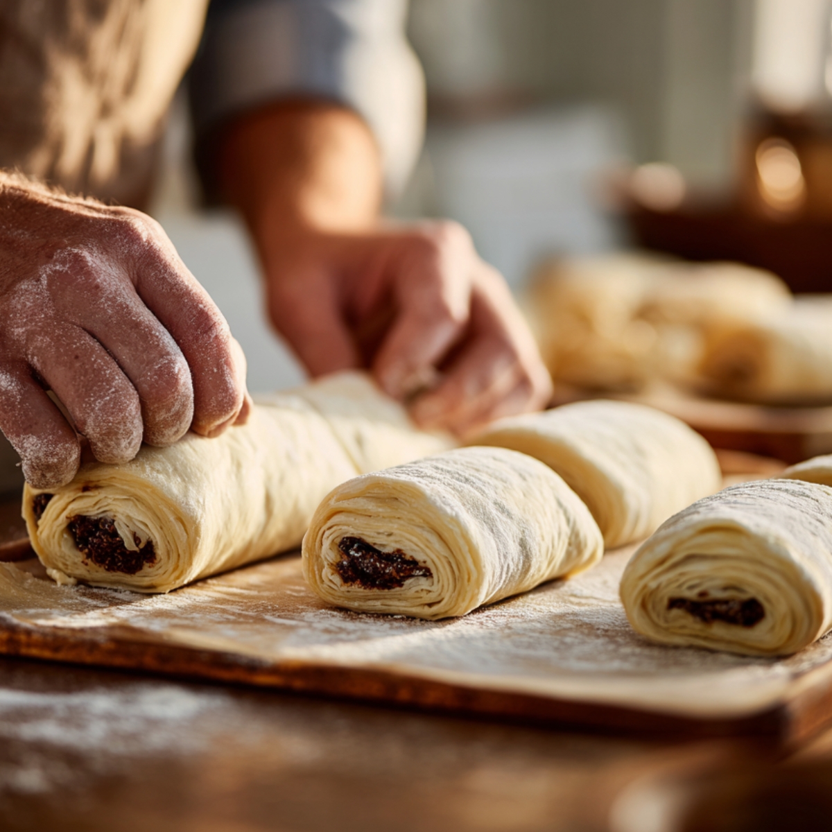 Baker’s hands rolling dough filled with chocolate into croissant shapes on a floured wooden surface in warm morning light.