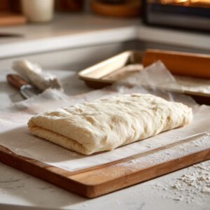 A slab of laminated pastry dough resting on parchment paper in a cozy kitchen setting, with baking tools and oven in the background.