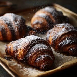 Freshly baked chocolate croissants dusted with powdered sugar on a parchment-lined baking tray, still warm from the oven.