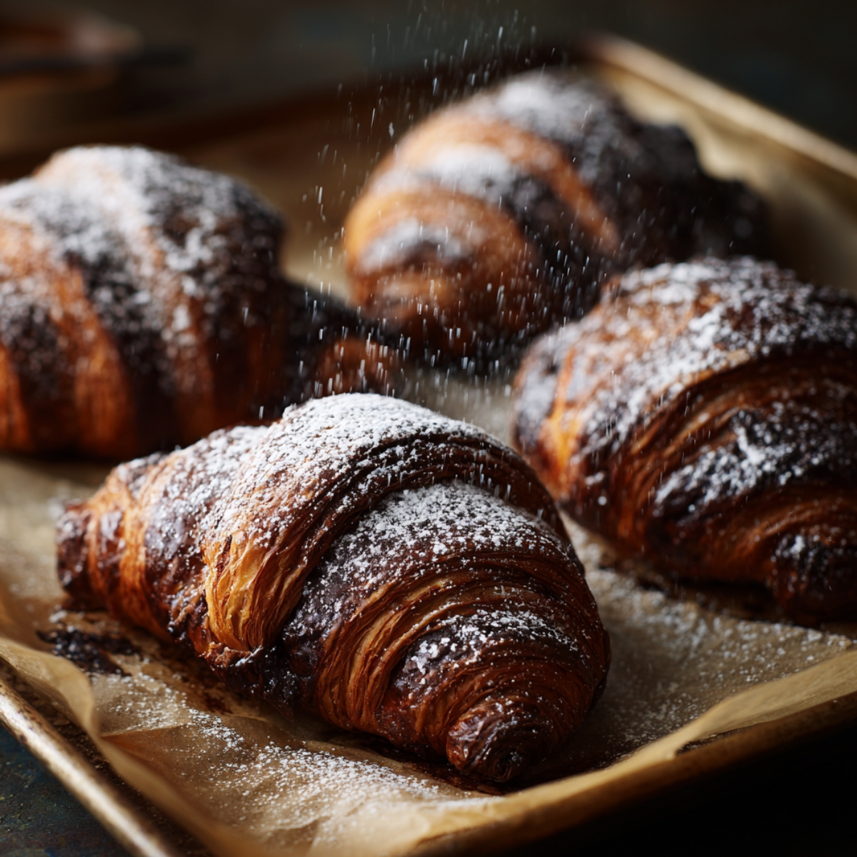 Freshly baked chocolate croissants dusted with powdered sugar on a parchment-lined baking tray, still warm from the oven.