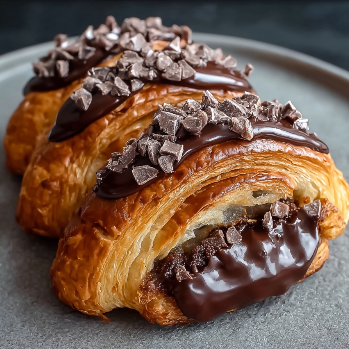 Close-up of a flaky chocolate croissant cut open to reveal rich melted chocolate filling, topped with dark chocolate drizzle and shavings on a gray plate.