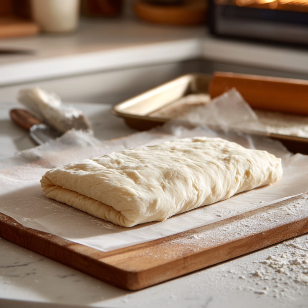 A slab of laminated pastry dough resting on parchment paper in a cozy kitchen setting, with baking tools and oven in the background.