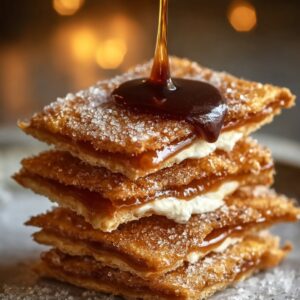A close-up of golden, sugar-coated cracker toffee being drizzled with caramel sauce, showing layers of cream and crispy pastry.