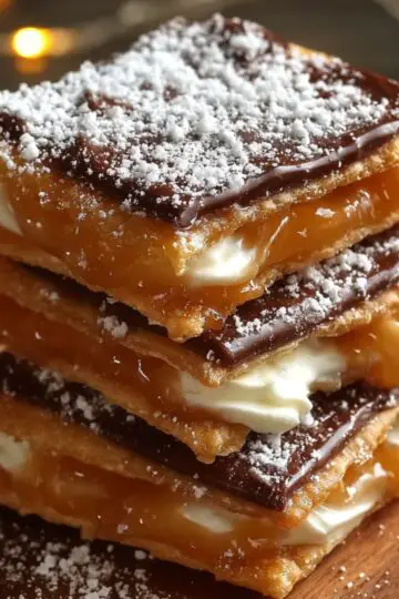 Churro Saltine Toffee A stack of caramel and chocolate cracker toffee squares layered with cream filling, dusted with powdered sugar, and set against warm festive lights.