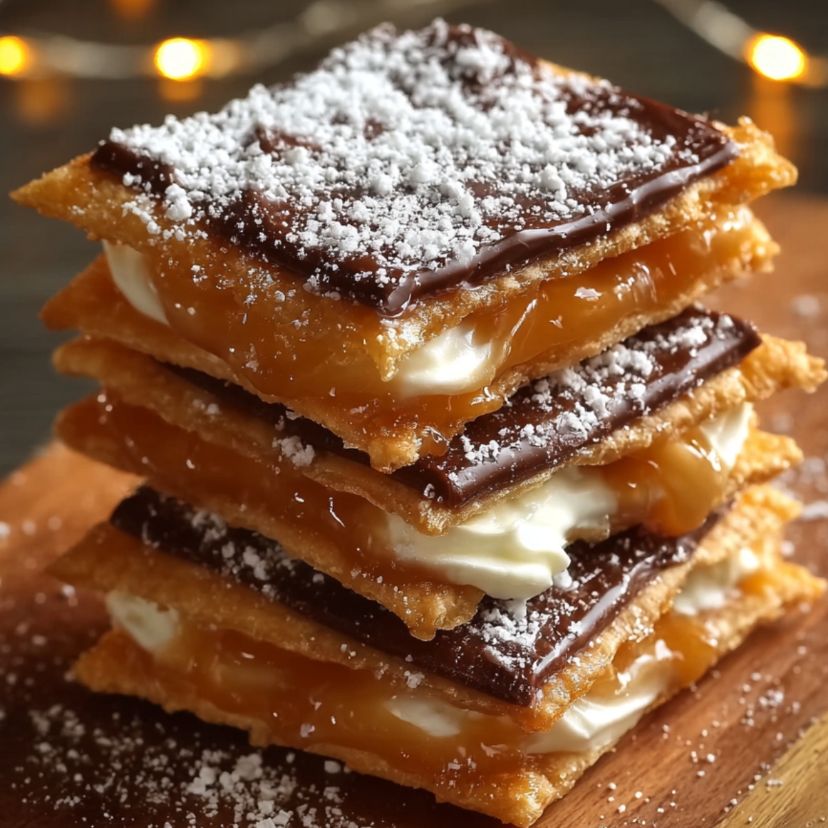 Churro Saltine Toffee A stack of caramel and chocolate cracker toffee squares layered with cream filling, dusted with powdered sugar, and set against warm festive lights.