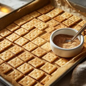 A parchment-lined baking tray arranged with neatly placed saltine crackers being sprinkled with cinnamon sugar from a small white bowl.