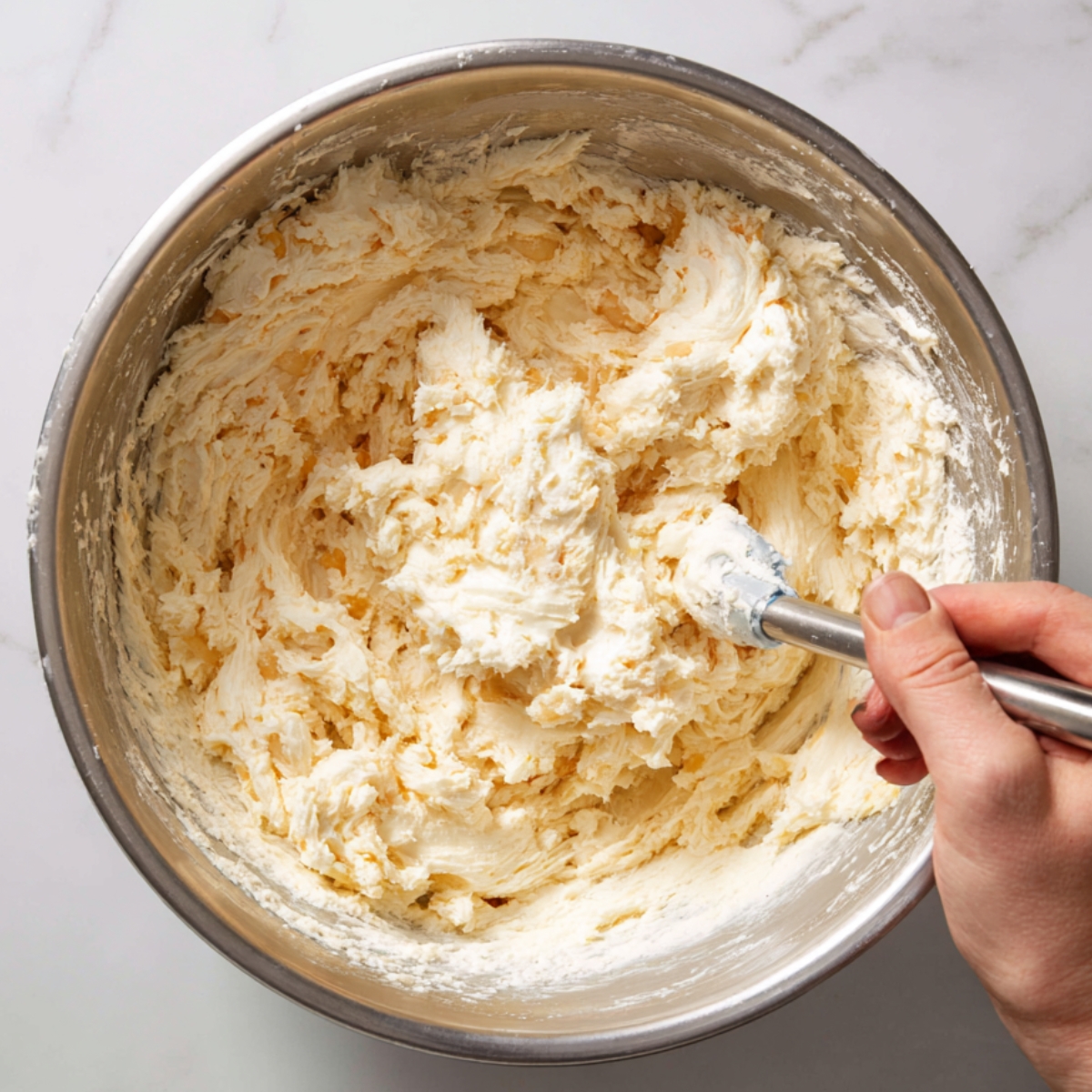 A metal mixing bowl filled with light, fluffy creamed butter and sugar, being stirred with a spatula. The mixture has a smooth, airy texture with a pale yellow color, representing the early stage of preparing the bread batter.