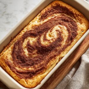 A loaf pan filled with freshly poured batter, topped with a thick swirl of cinnamon sugar that forms a beautiful marbled pattern. The light golden batter contrasts with the deep brown cinnamon mixture, capturing the moment before baking when the swirl design is created.