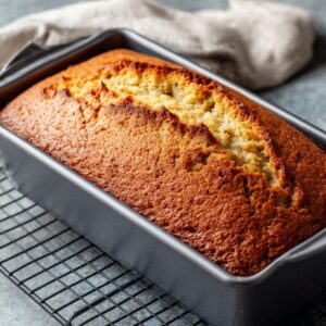 A golden-brown loaf of apple bread cools in a metal pan placed on a wire rack. The top has a crisp, cracked surface, indicating a perfectly baked texture. A folded kitchen towel lies beside the cooling rack, giving the image a rustic, homemade atmosphere.