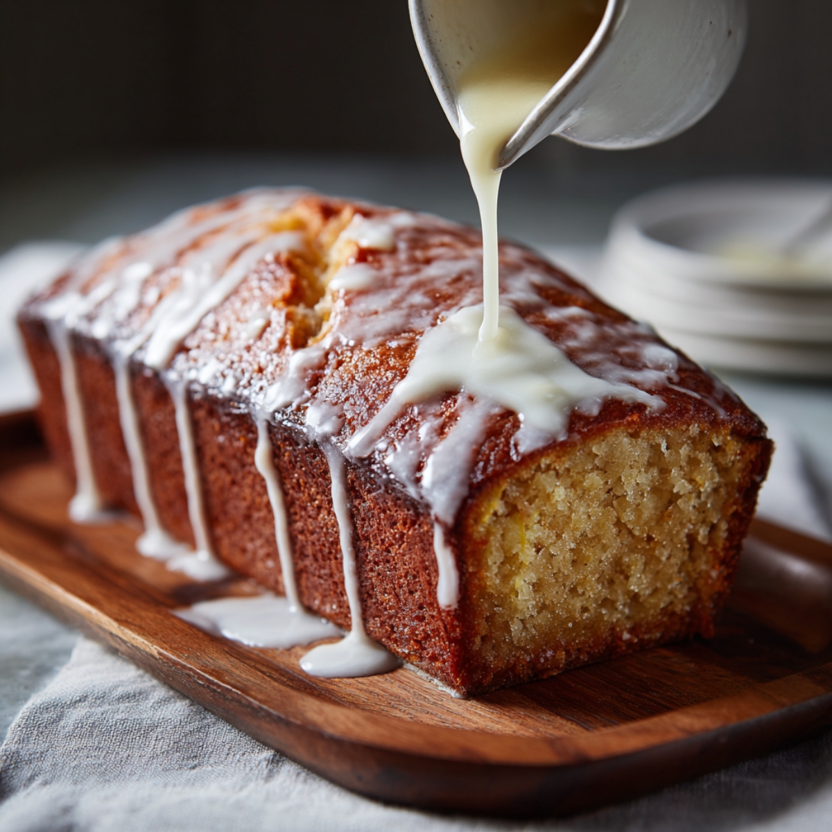 A stream of creamy vanilla glaze is being poured from a small white pitcher over a freshly baked loaf of apple bread. The glaze drips slowly down the golden crust, highlighting the bread’s warm, caramelized texture. The background shows a stack of plates ready for serving, suggesting the finishing touch before slicing.