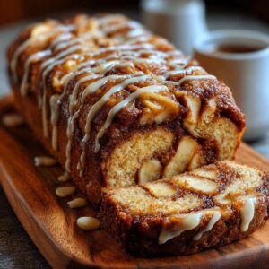A freshly baked loaf of cinnamon swirl apple bread sits on a wooden serving board. The bread’s golden-brown crust glistens under a drizzle of creamy vanilla glaze that zigzags across the top. The texture reveals tender apple slices and a rich cinnamon filling in beautiful, marbled layers. A mug of coffee in the background completes the warm, cozy breakfast scene.