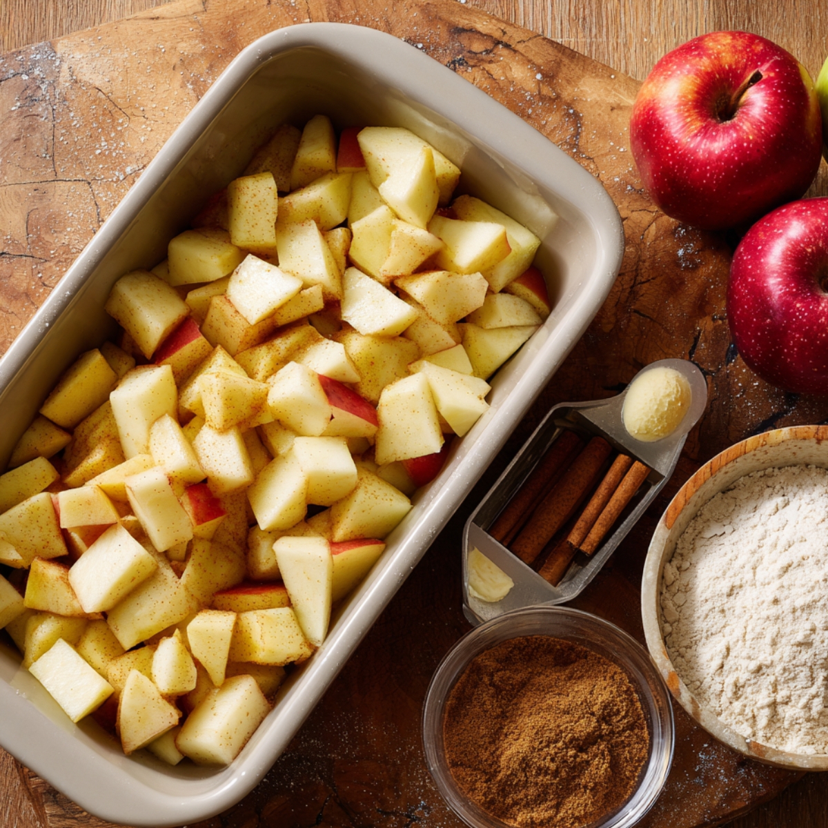 A baking dish filled with diced apples lightly dusted with cinnamon, ready to be layered into the batter. Fresh apples, bowls of flour, sugar, and cinnamon sticks surround the dish, showcasing the rustic ingredients that bring the recipe to life.