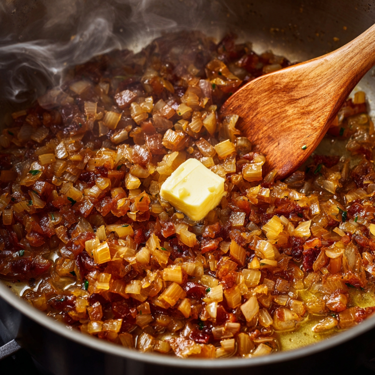 Caramelized onions and bacon bits sizzling in a pan with a pat of butter melting in the center, stirred with a wooden spoon.