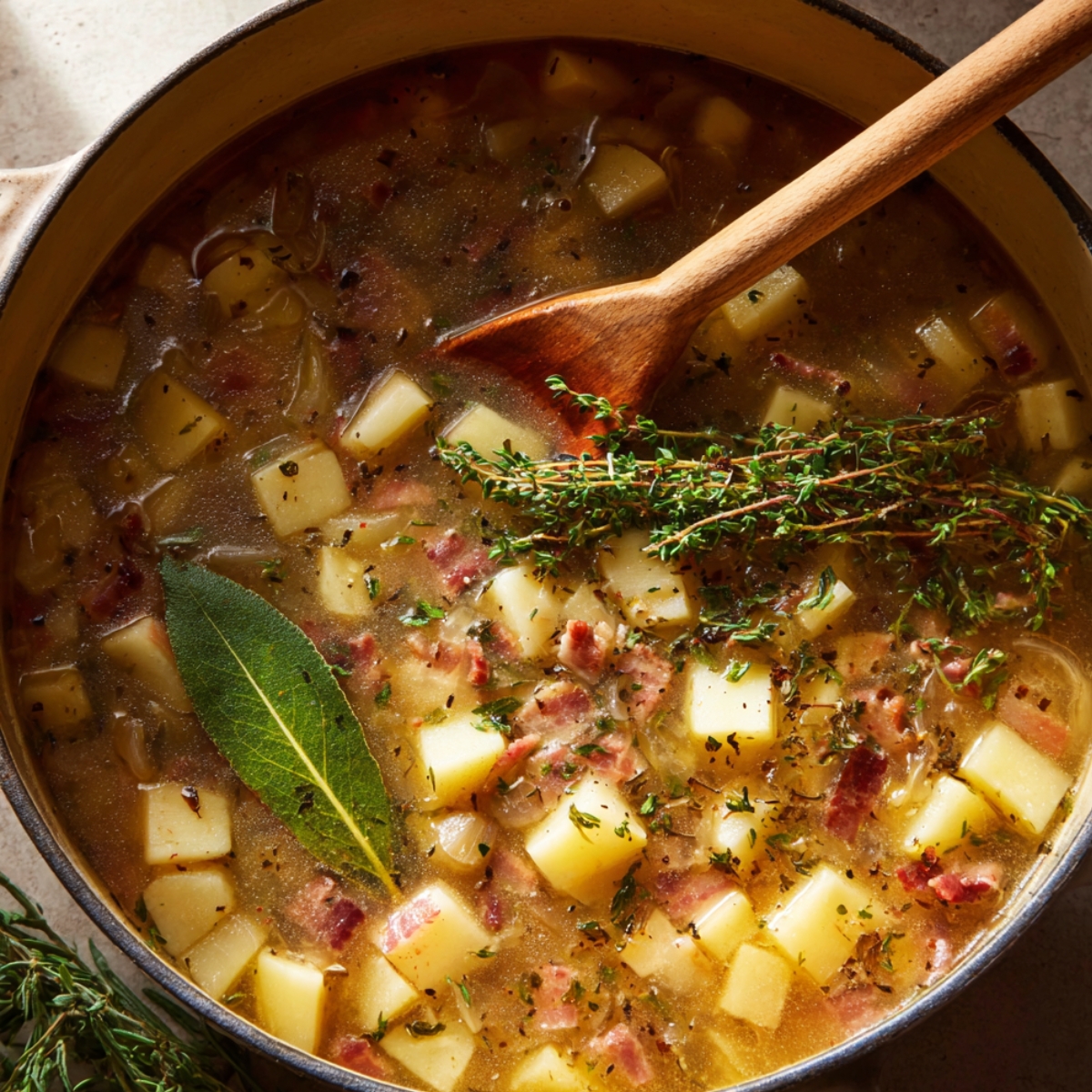 A pot of simmering soup with diced potatoes, bacon pieces, and herbs like thyme and bay leaf, being stirred with a wooden spoon.