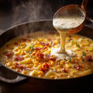 Hot corn chowder simmering in a pot, with a ladle pouring in creamy sauce, filled with corn, bacon, and herbs.