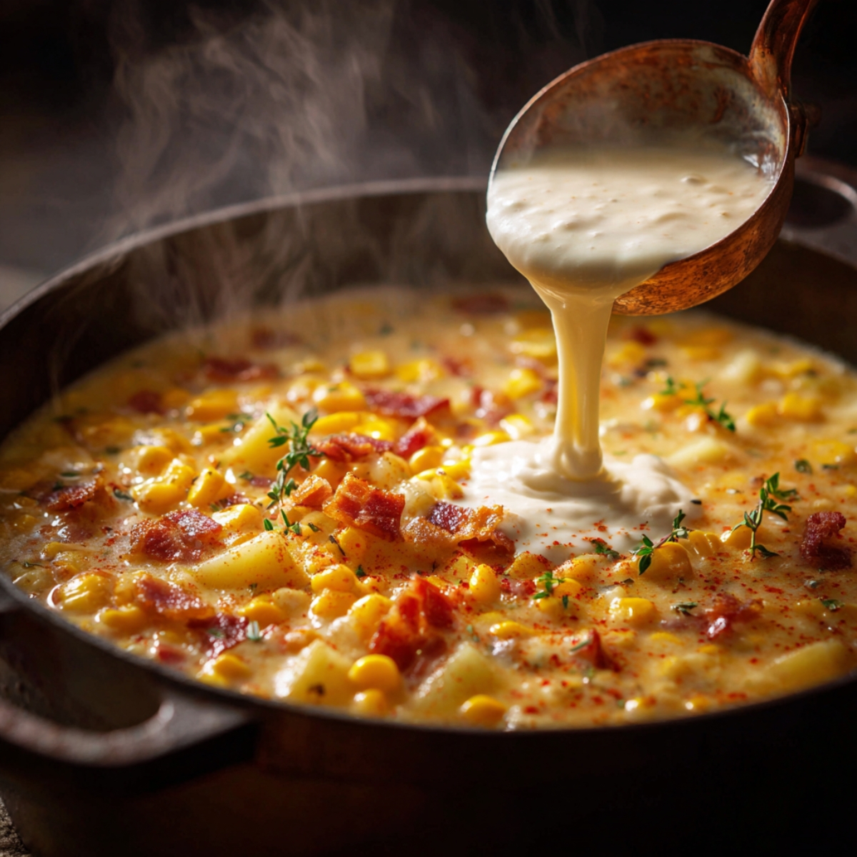 Hot corn chowder simmering in a pot, with a ladle pouring in creamy sauce, filled with corn, bacon, and herbs.