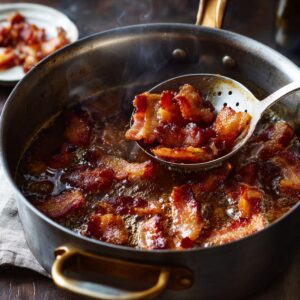 Crispy bacon pieces frying in a deep skillet, being lifted with a slotted spoon as steam rises.