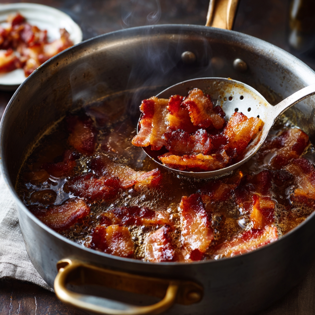 Crispy bacon pieces frying in a deep skillet, being lifted with a slotted spoon as steam rises.