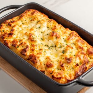 A golden, fluffy crème brûlée French toast bake fresh out of the oven in a dark rectangular dish. The top is caramelized and lightly browned, sprinkled with chopped herbs for a touch of color and crisp texture.