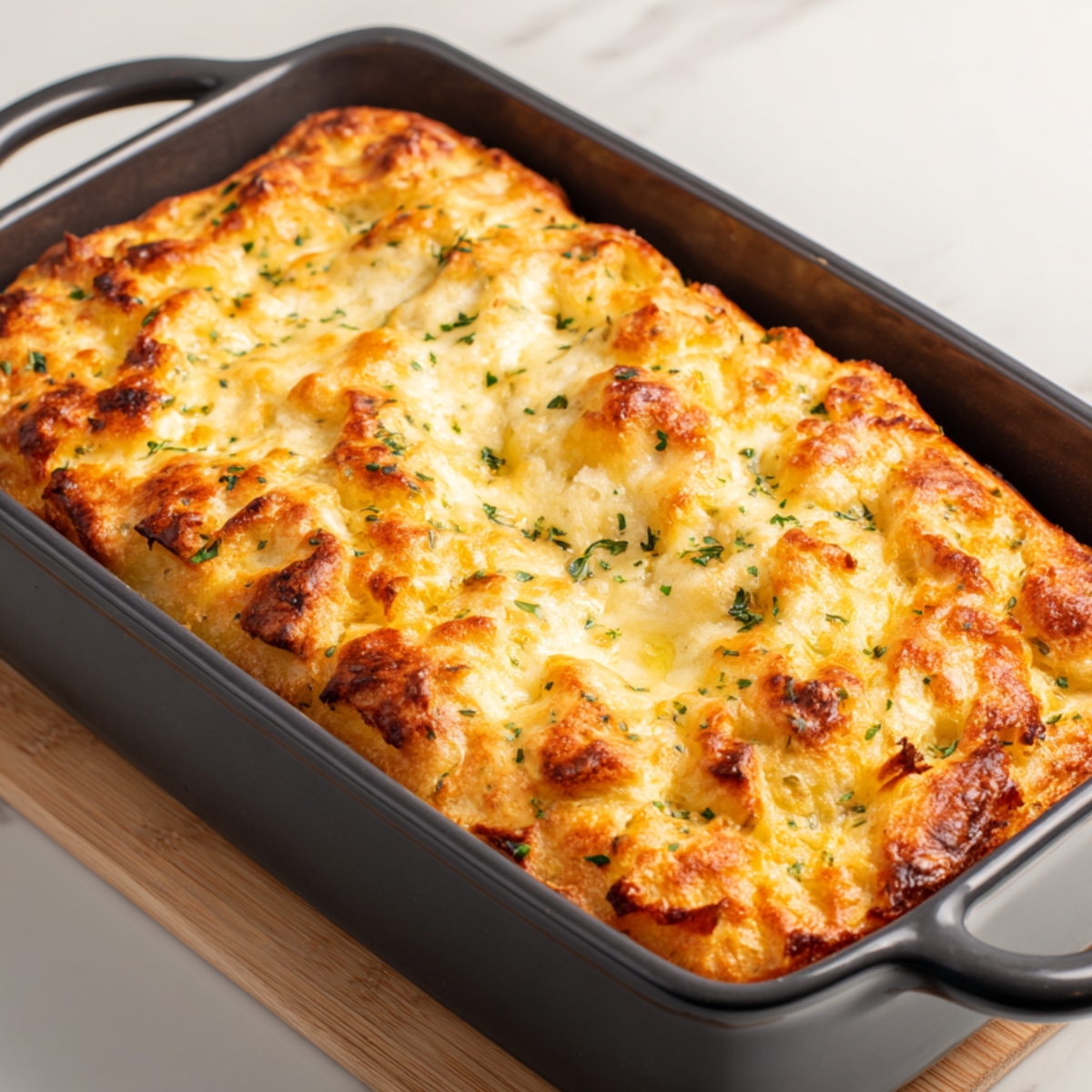A golden, fluffy crème brûlée French toast bake fresh out of the oven in a dark rectangular dish. The top is caramelized and lightly browned, sprinkled with chopped herbs for a touch of color and crisp texture.