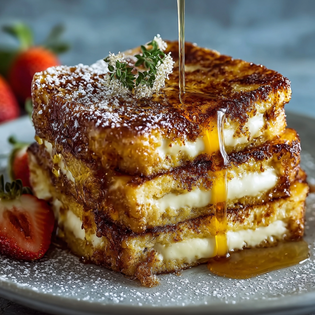 A tall stack of crème brûlée French toast being drizzled with honey or maple syrup. The layers reveal creamy custard filling, golden caramelized crusts, and a garnish of thyme and fresh strawberries.